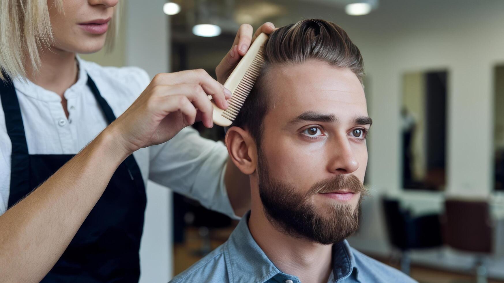 A man is getting his hair cut by a woman photo