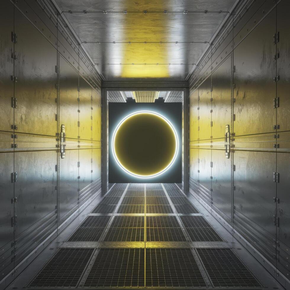 A dark tunnel with a yellow light in the middle photo