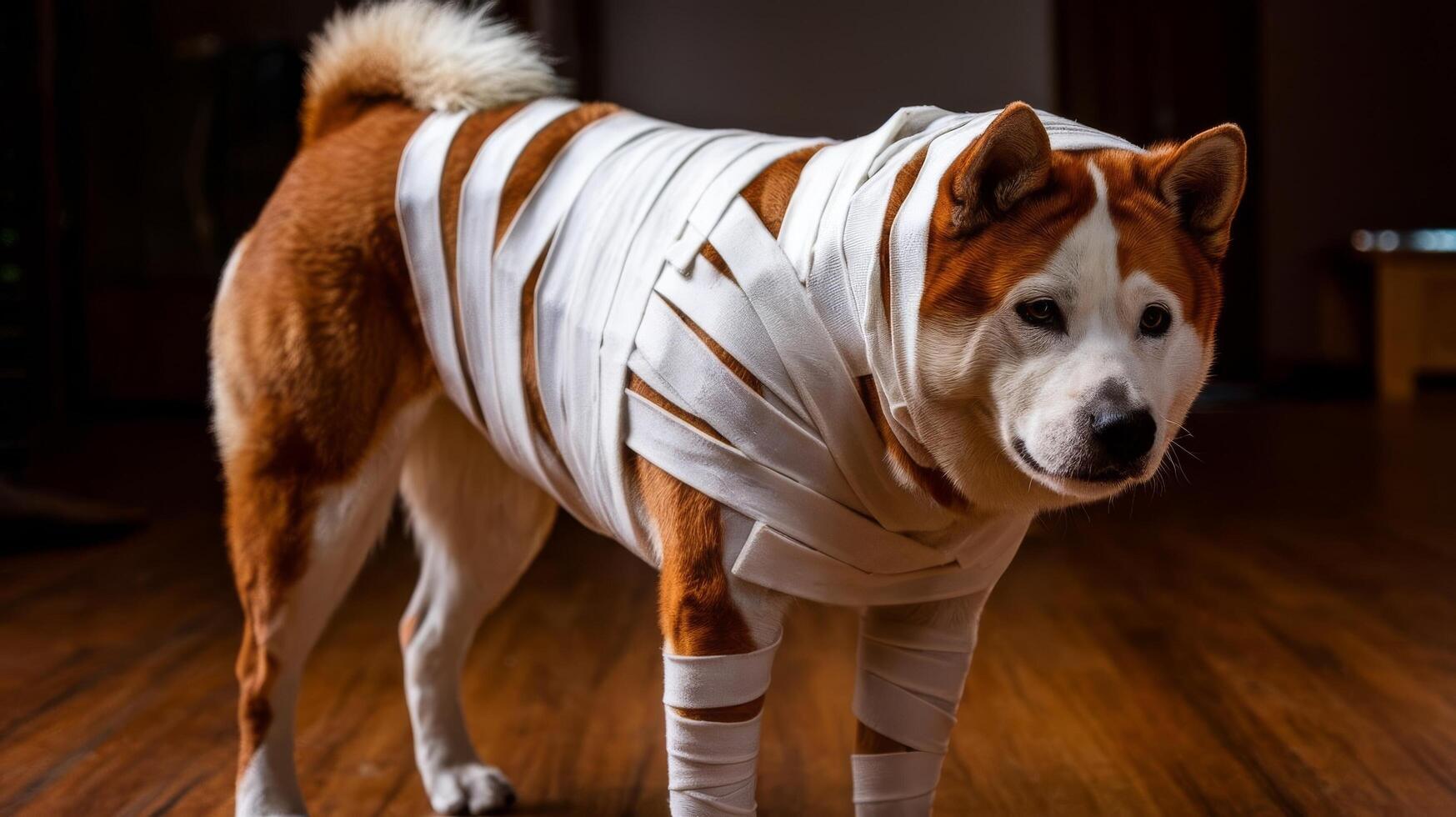 A dog with bandages on its legs standing on a wooden floor photo