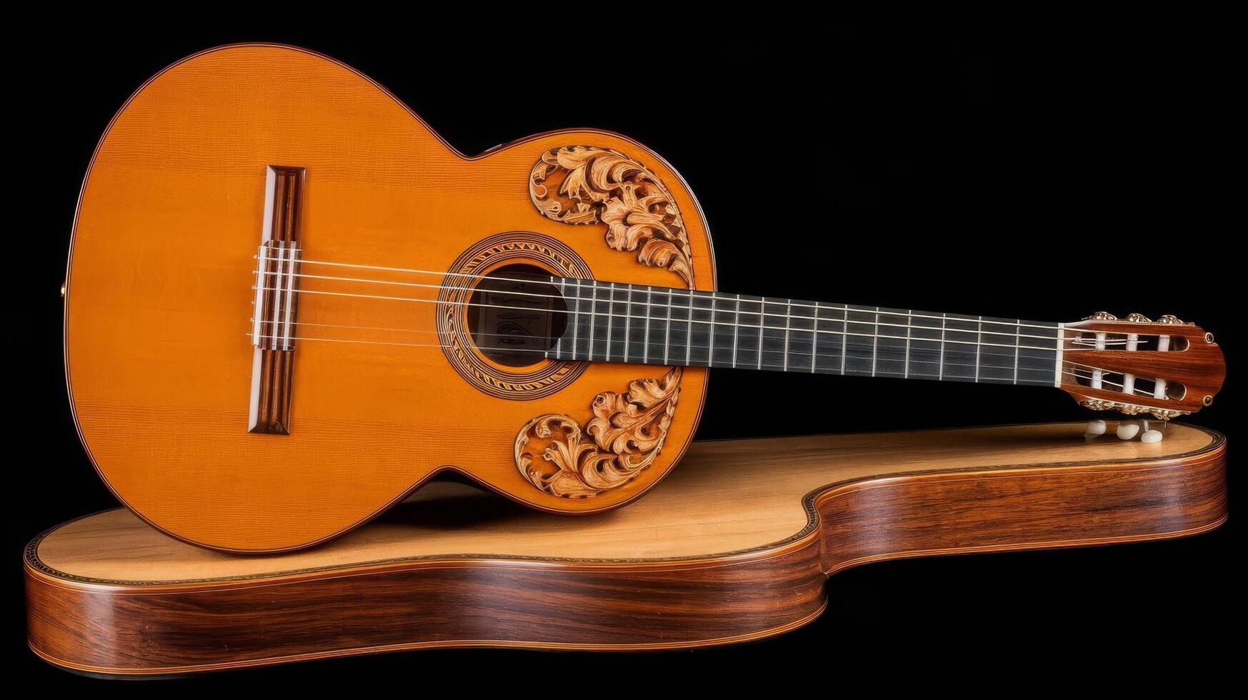 Classical guitar on black background acoustic guitar conceptperfect for flyer card poster or wallpaper photo