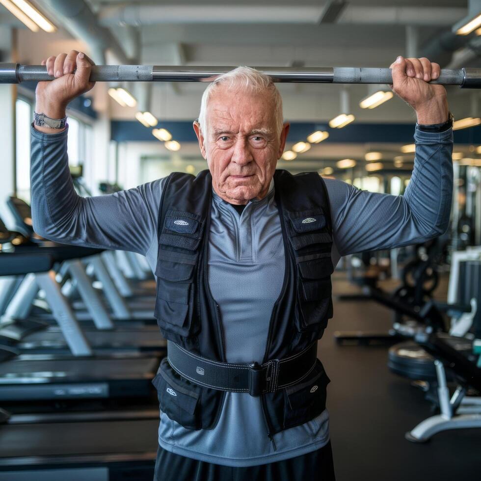 An older man is lifting a barbell in a gym photo