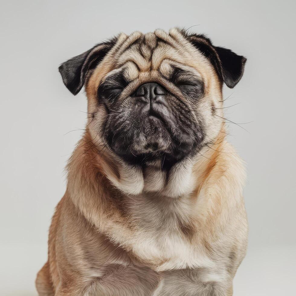 A pug dog sitting down with his eyes closed photo