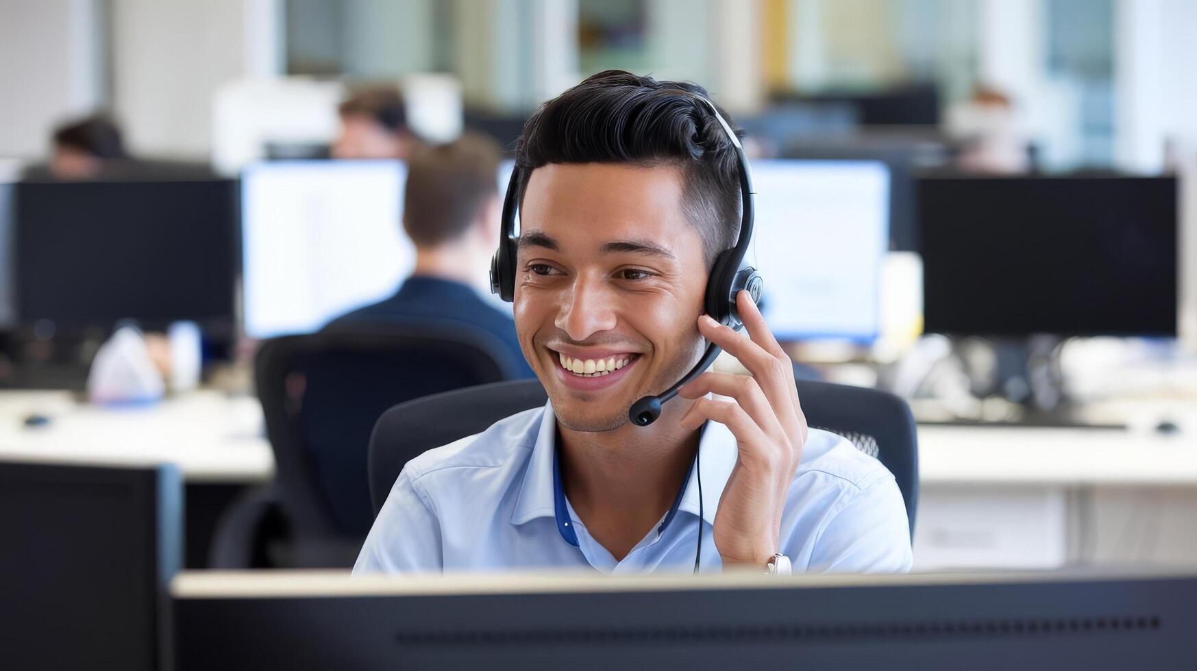 A smiling man wearing a headset in an office photo