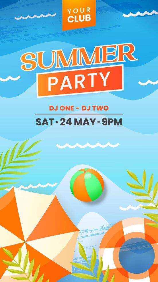Vertical Summer party concept template illustration with with summer leaves, umbrellas, and beach balloons. Suitable for greeting card and banner. vector