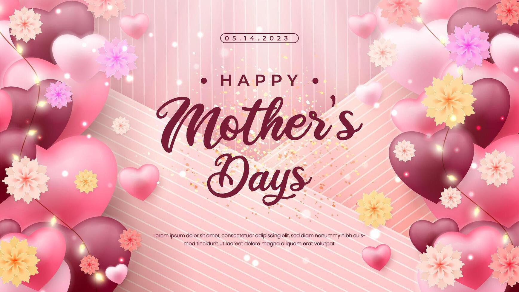 Elegant Mothers Day Card Design with Hearts and Flowers on a Pink Background vector