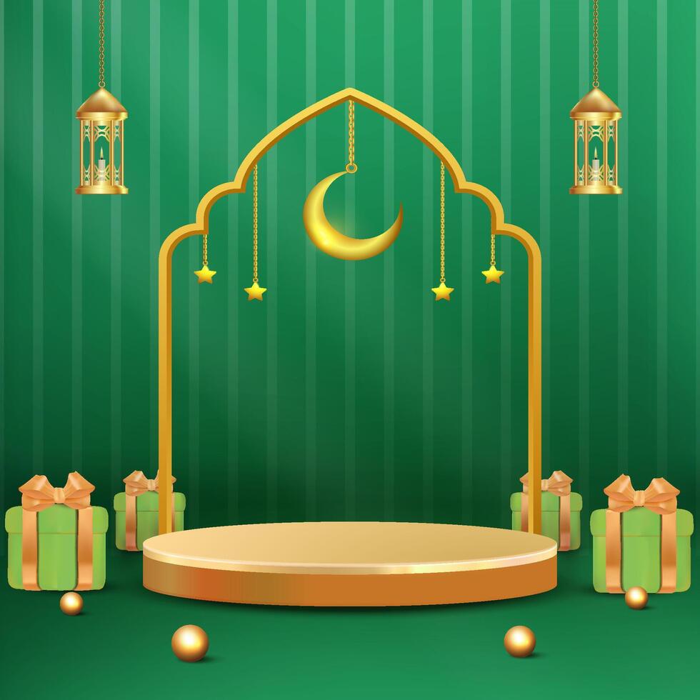 Ramadan Golden Crescent and Lanterns on Green Background with Present Boxes vector