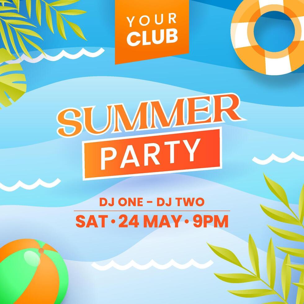 Summer party concept template illustration with with summer leaves, umbrellas, and beach balloons. vector