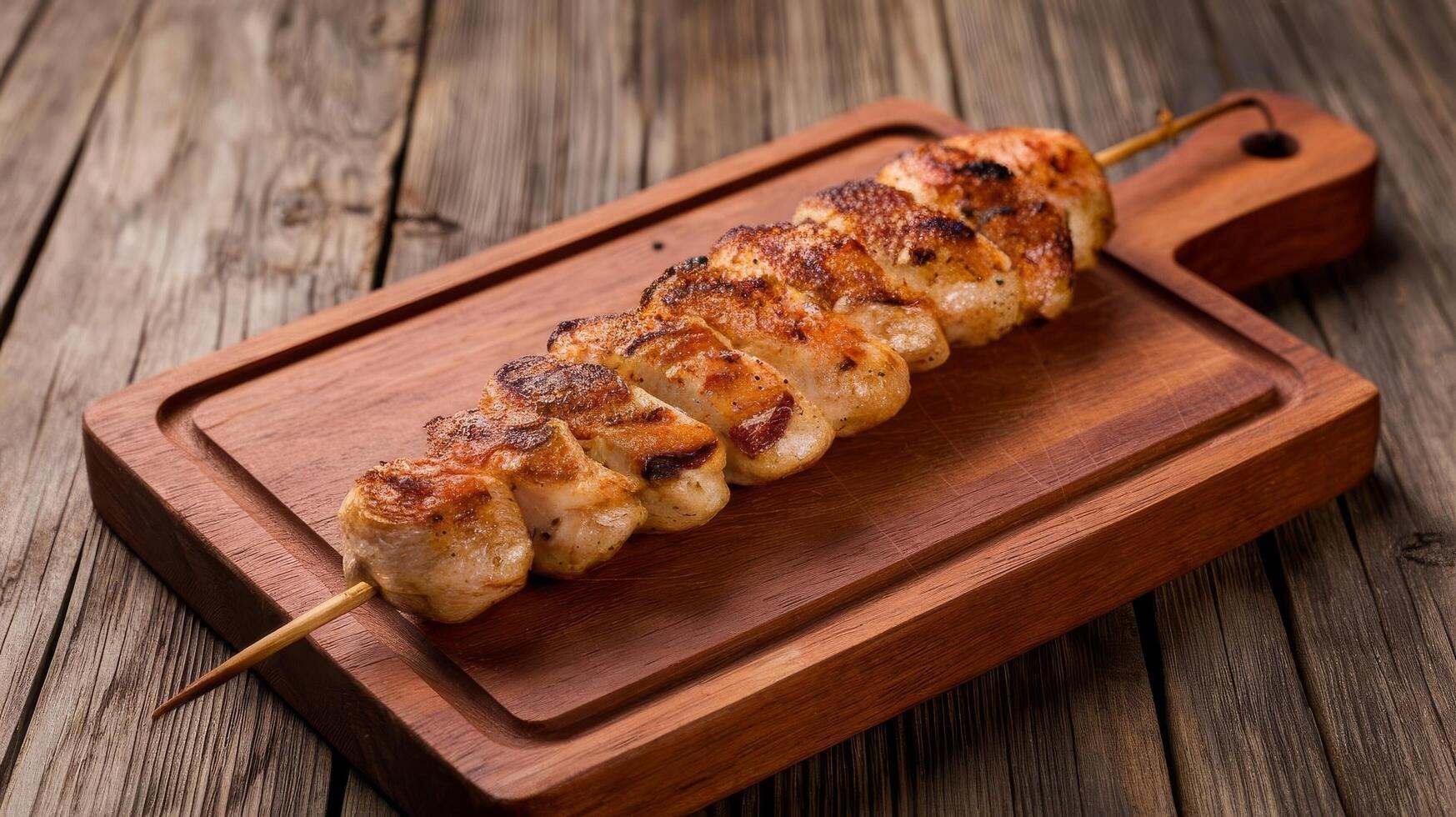 Grilled chicken kebab on wooden board photo
