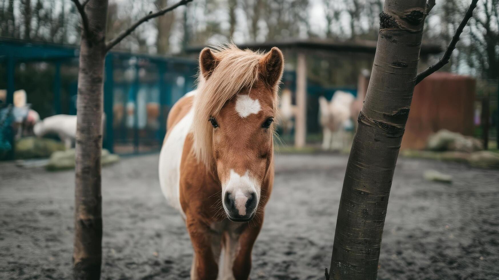 A horse standing in a pen with trees in the background photo