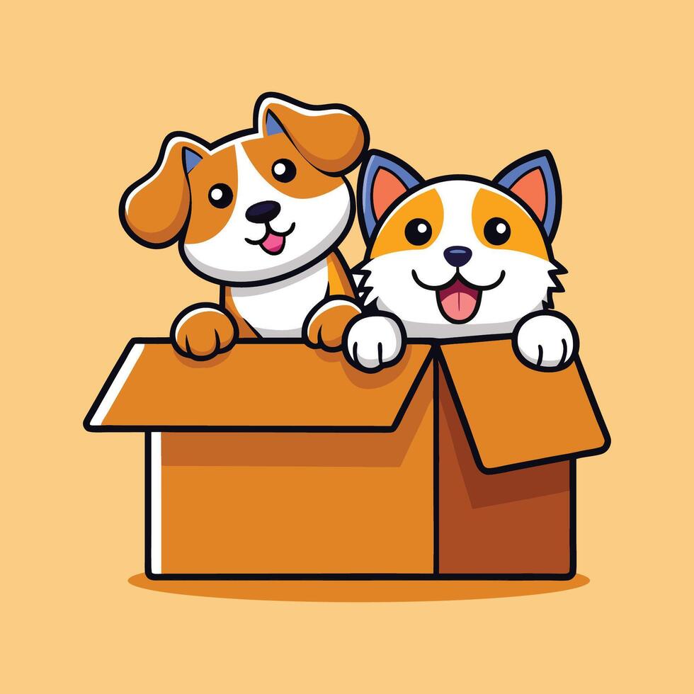 Cute Dog and Cat Playing in Box Cartoon Illustration vector