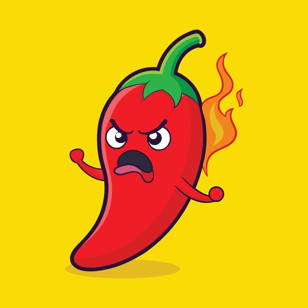 Cute Spicy Chili Pepper with Flame on Mouth Cartoon Icon vector