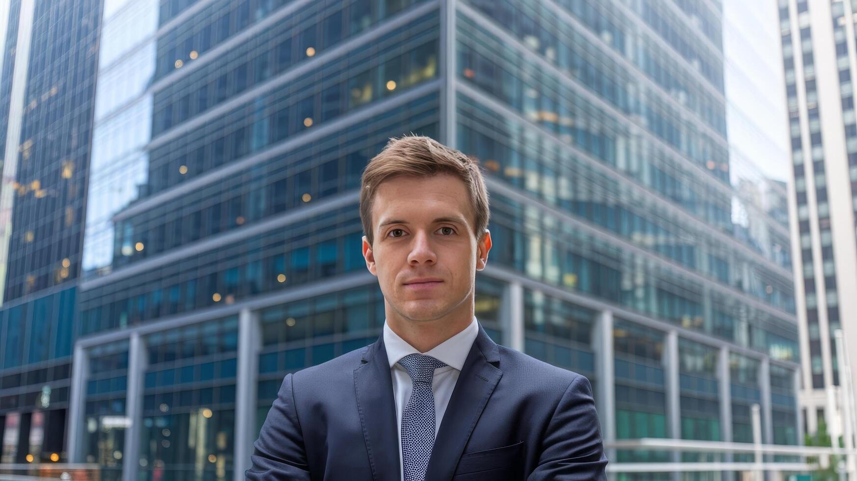 A man in a suit and tie standing in front of a building photo
