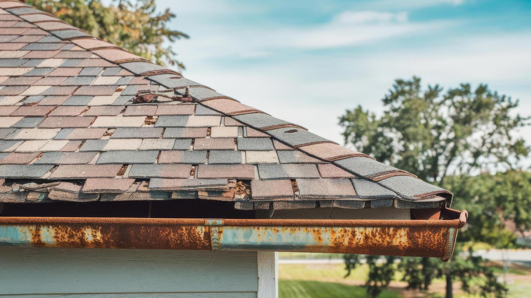 A roof with a rusted metal gutter and a brown tiled roof photo