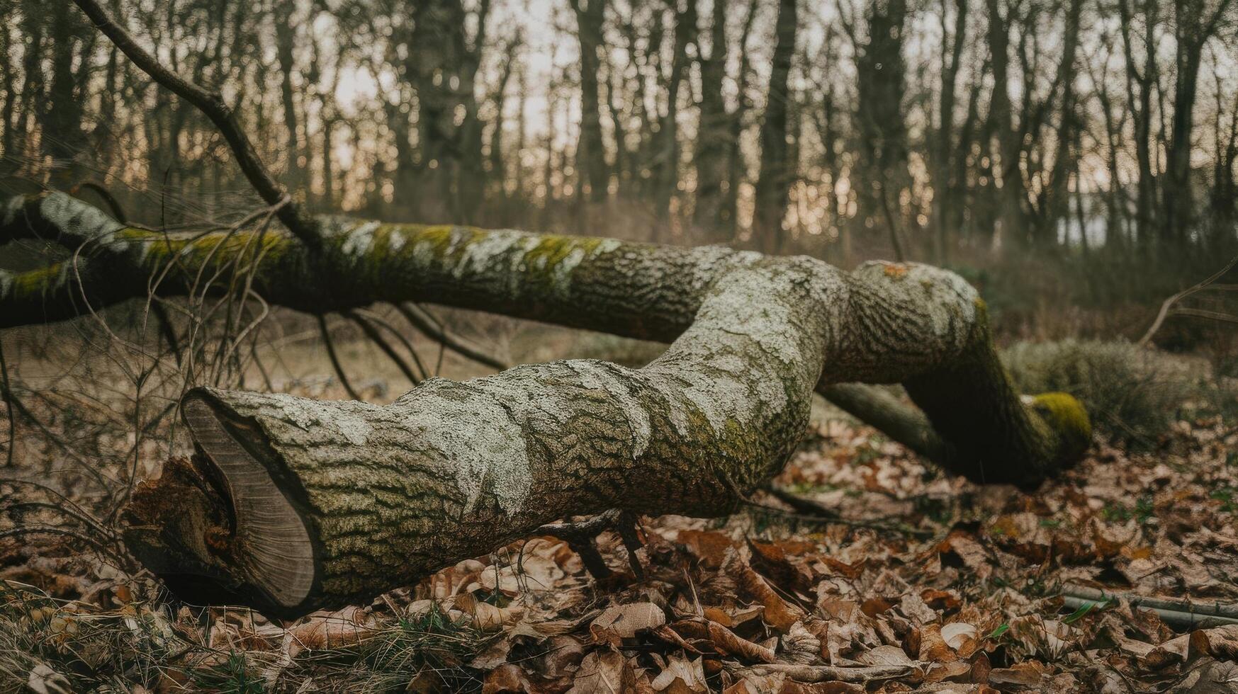 A fallen tree in the woods with leaves on the ground photo