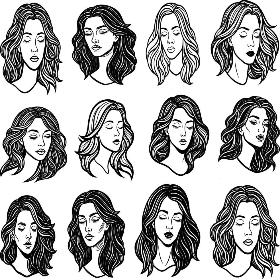 Hand-drawn woman face sketches Black and white face drawings vector