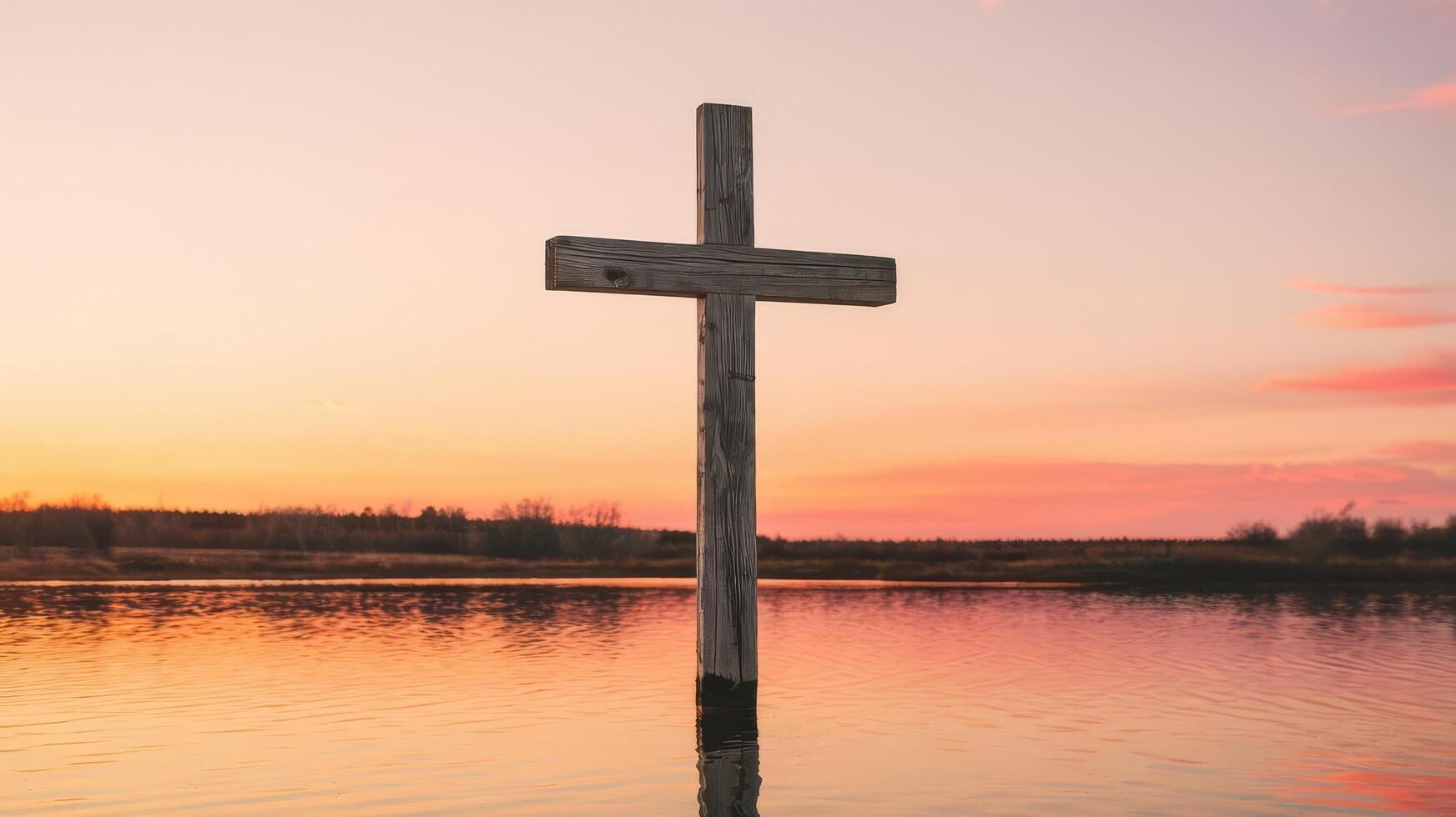A wooden cross stands in the middle of a lake at sunset photo