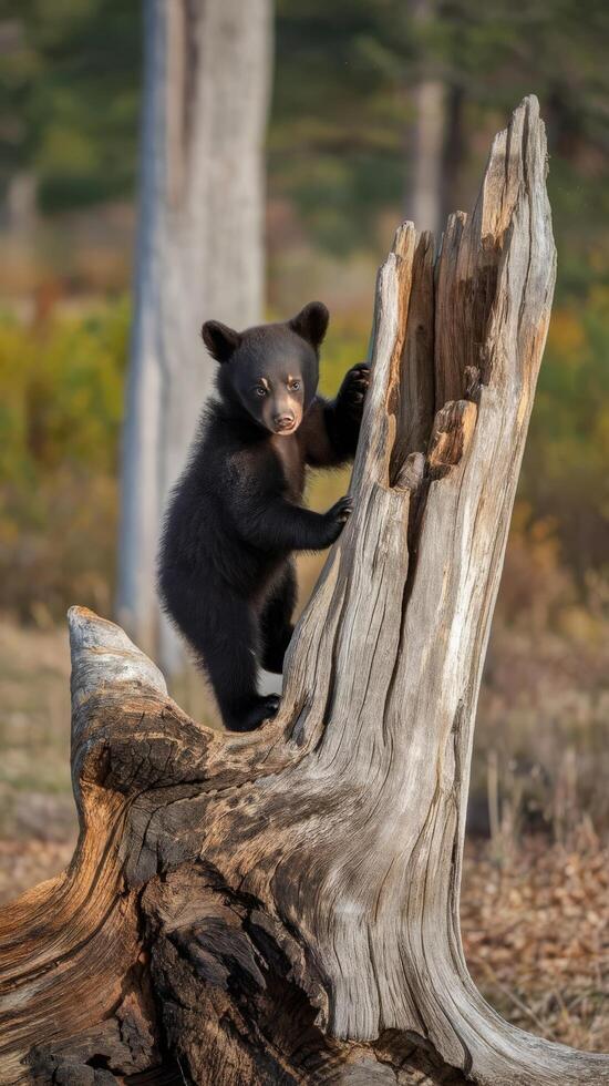 A black bear cub climbing on a tree stump photo
