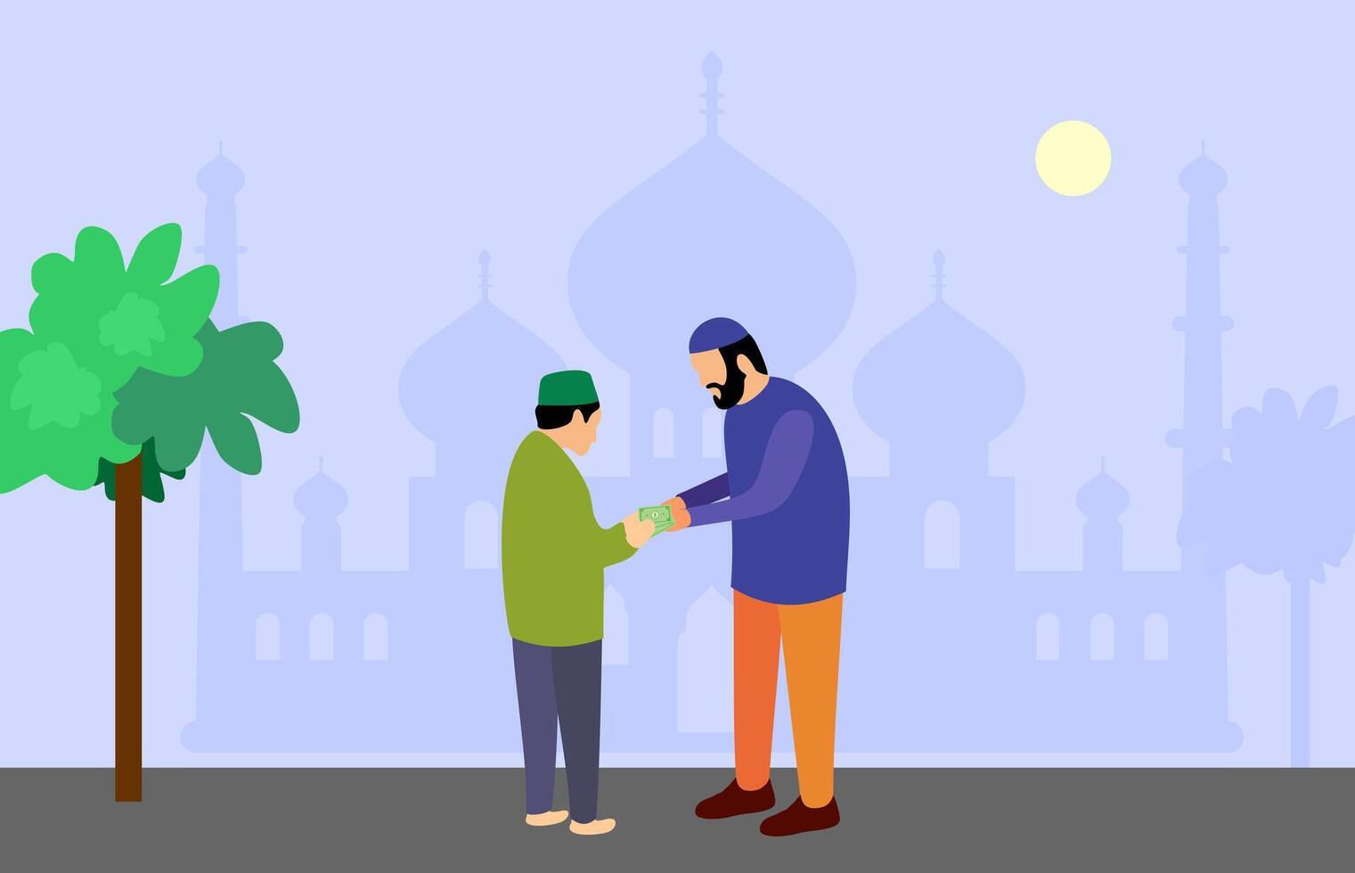 Illustration of a Muslim man in traditional attire kindly giving Zakat money to a poor or needy person, Ramadan, charity concept vector