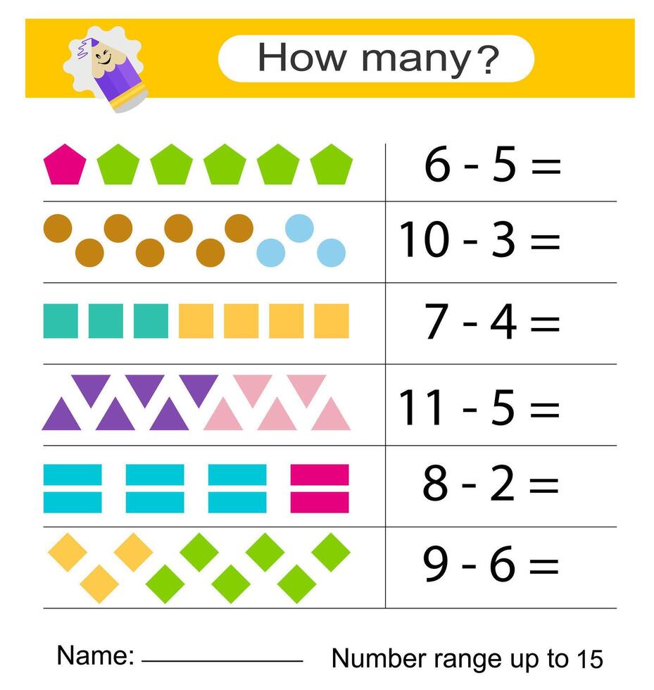 Math activity for kids. Developing numeracy skills. Number range up to 15. . vector