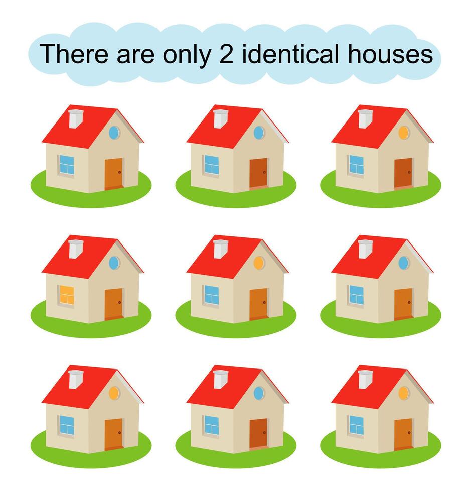 Fun puzzle game for kids. Need to find two identical houses. Task for development of attention and logic. illustration vector