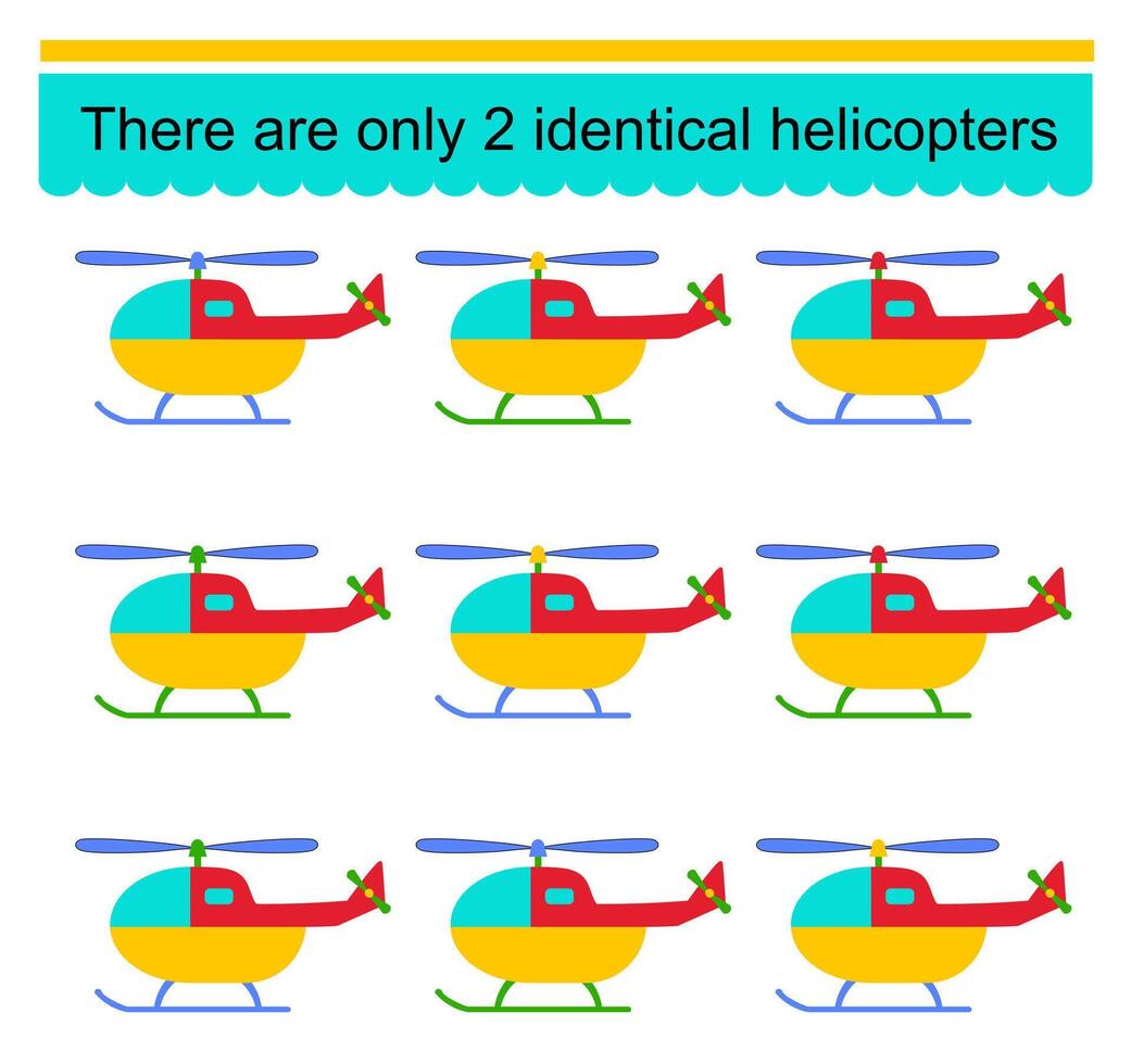Fun puzzle game for kids. Need to find two identical helicopters. Task for development of attention and logic. . vector