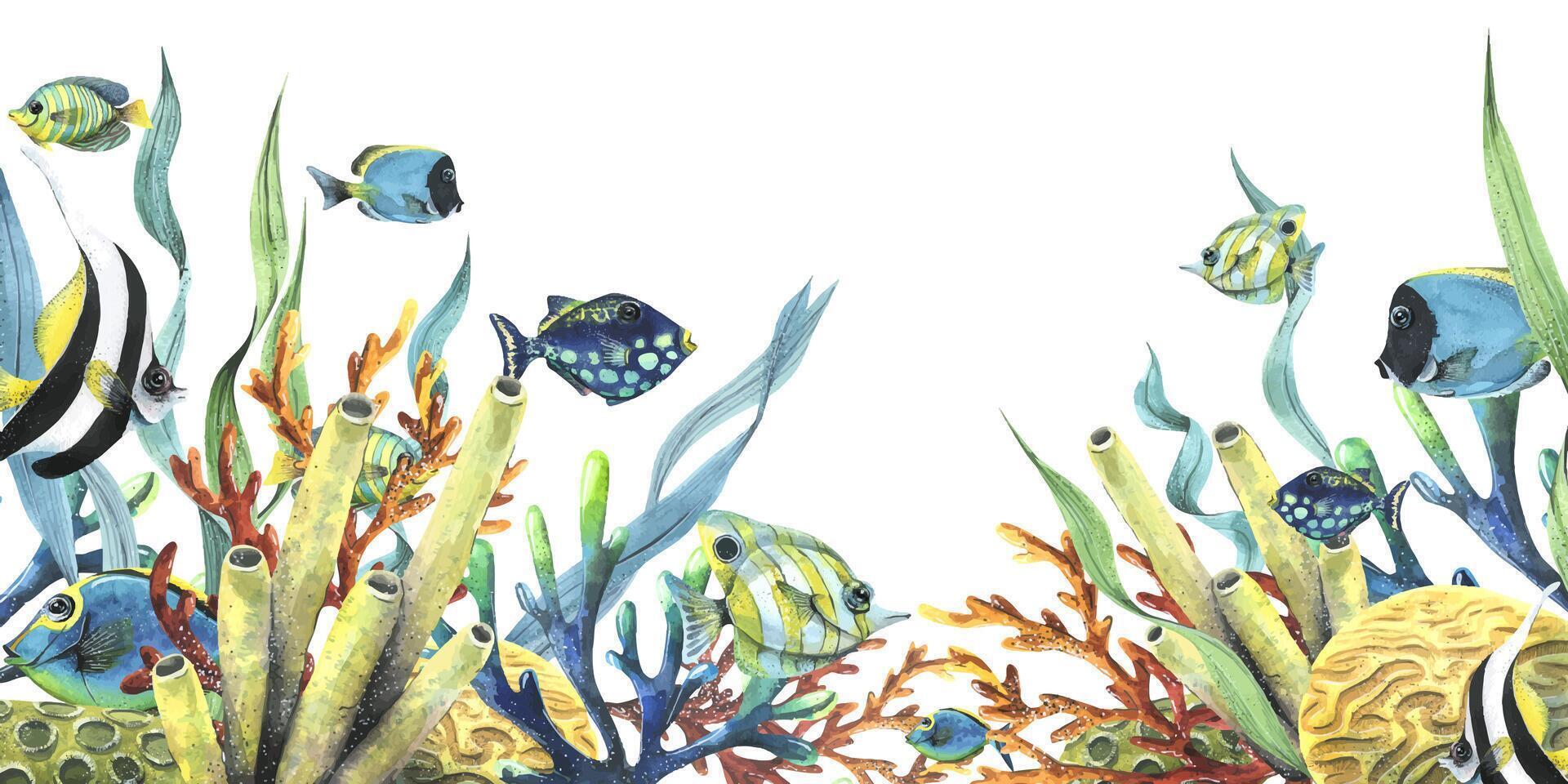 Bright reef fish with corals, sea sponges and algae. Watercolor illustration. Template from the collection TROPICAL FISHES. For decoration and design of summer and beach prints, stickers vector