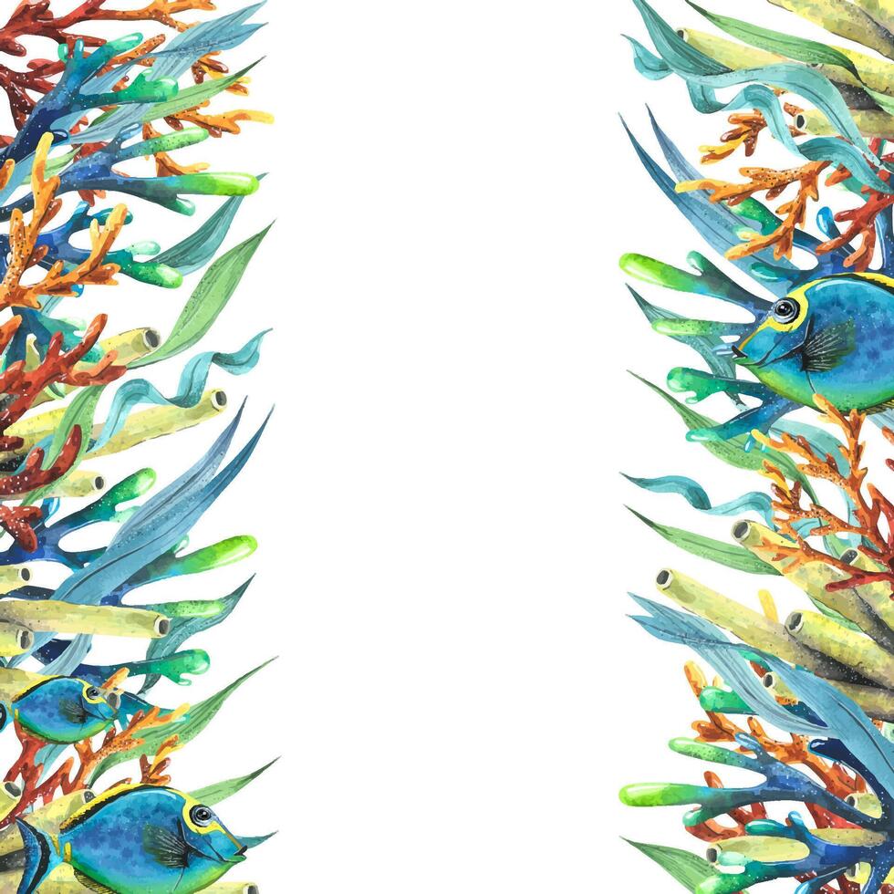 Frame with corals, algae, fish. Bright, watercolor illustration. For registration and design of certificates, invitations, announcements, advertisements, menus, booklets, flyers, souvenirs, stickers. vector