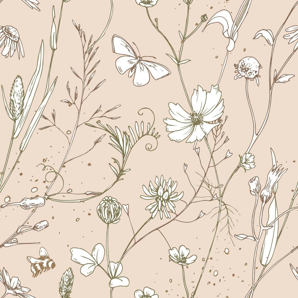 Field, meadow, wild flowers and herbs cosmos, chamomile, clover and insects. Line art is a simple hand-drawn illustration in beige, ochre, brown ink. Seamless pattern on a pink background EPS vector