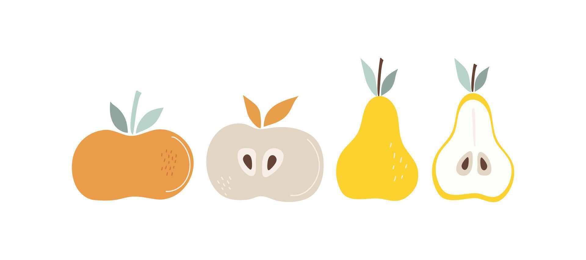 Apple, pear. Set of simple abstract fruits. Vitamin natural food, slices and whole fruit. Color flat illustration. Isolated white background. vector
