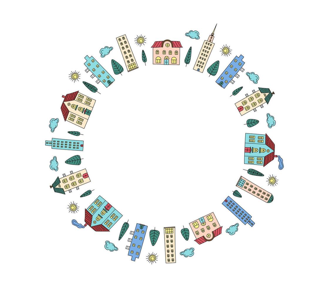 Cartoon city, house colorful. Round frame, border. Hand drawn city, trees. Drawing, doodle. Architecture, construction, flat illustration on isolated background. vector
