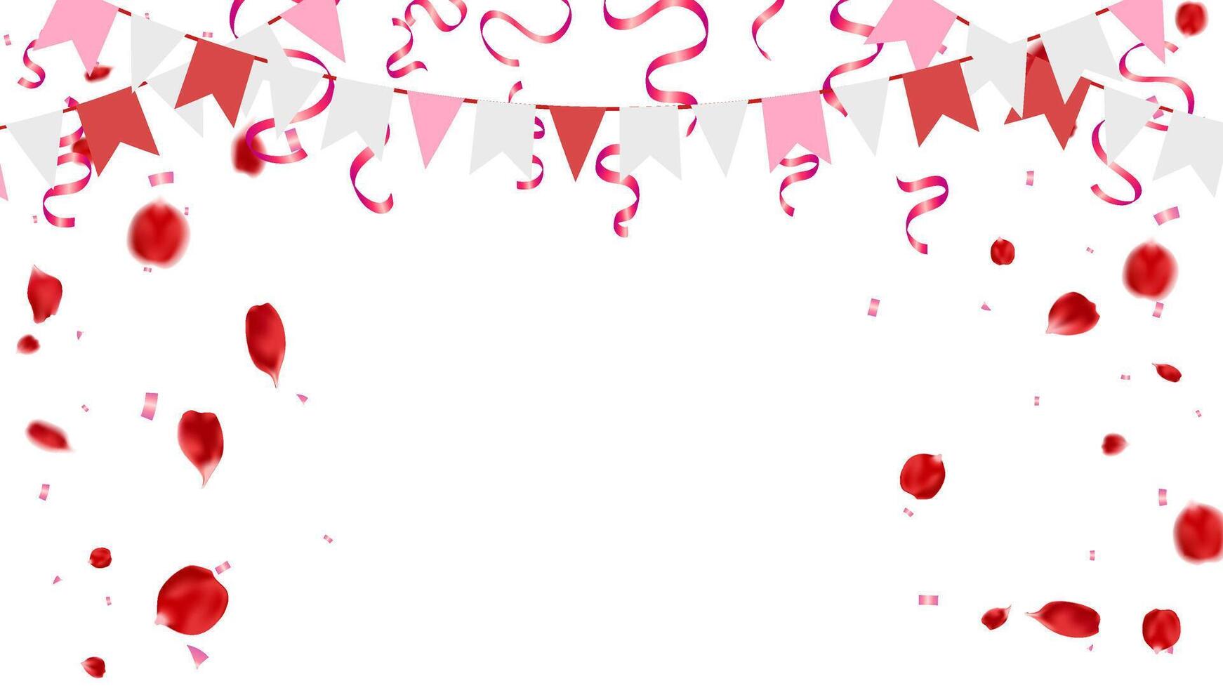 Party flag garlands, confetti and realistic rose petals isolated ornament background for birthday, party, festival vector