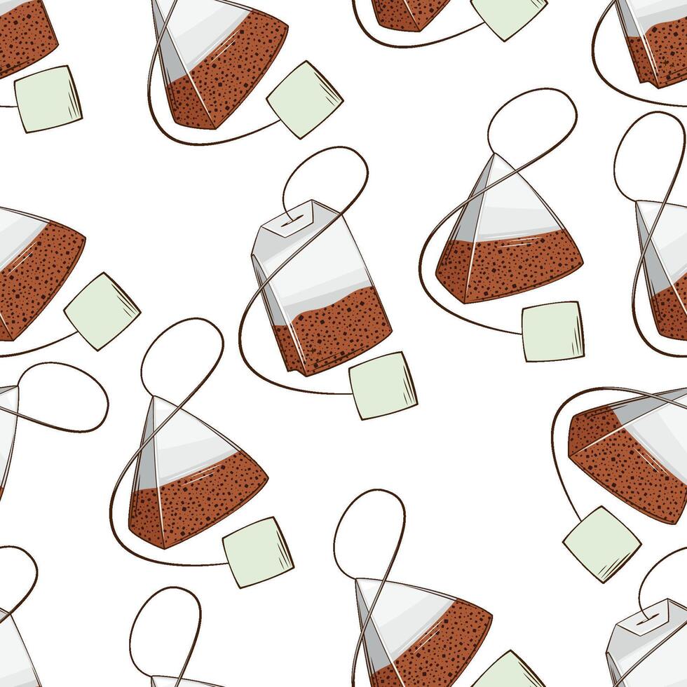 Tea bags seamless pattern. Tea seamless. Black tea background. Black tea patterns for fabric, packaging, coffee shops. Hand Drawn illustration vector