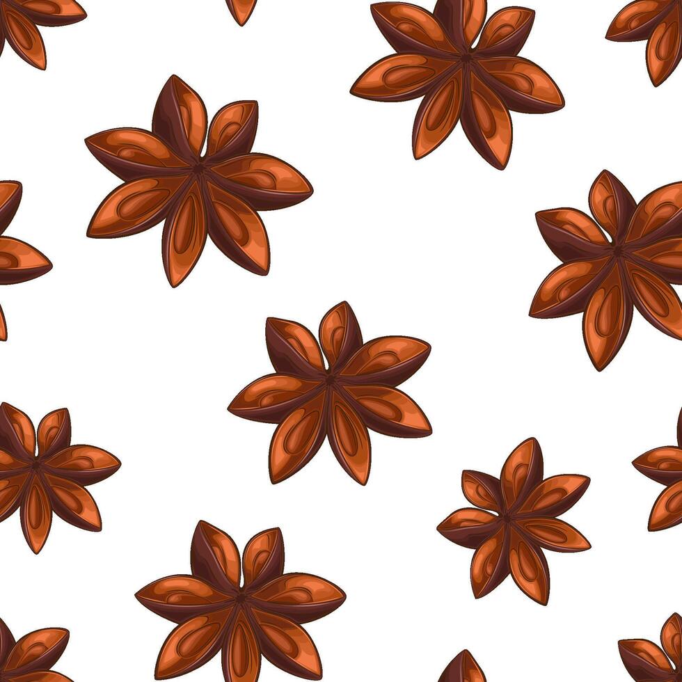 Star anise seamless pattern. Condiment background. Organic food concept. Star anise pattern for fabric, packaging, coffee and bakery shops. Hand Drawn illustration vector