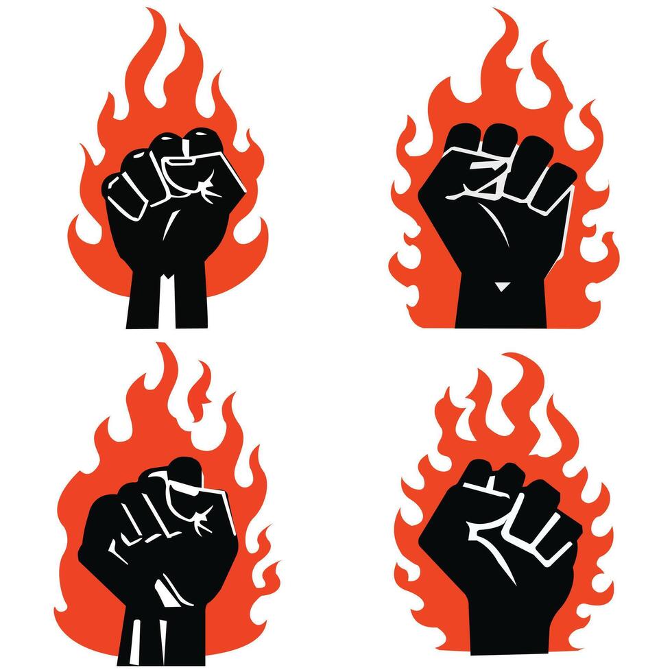 Raised Fist in Flames Symbolizing Revolution, Protest, and Strength vector