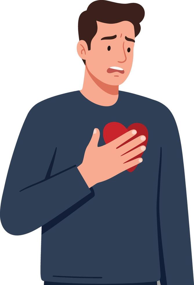 Concerned young man in a dark sweater holding a red heart illustration in a minimal art style expressing vulnerability and emotion through body language and facial expression art vector