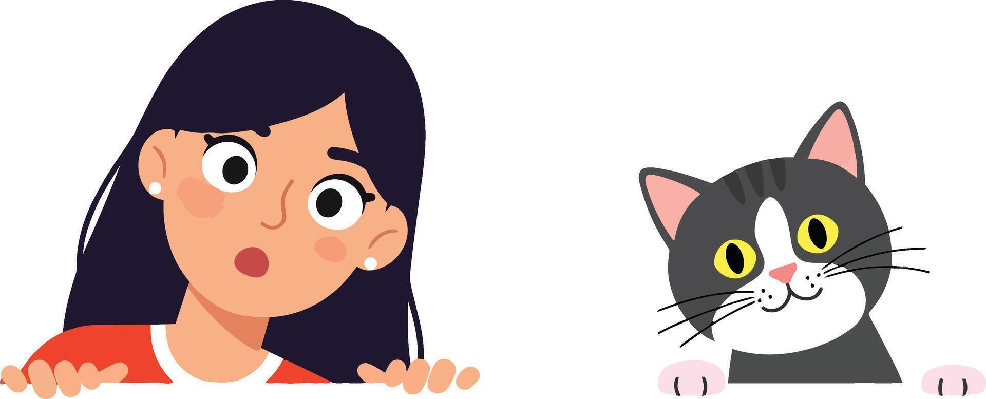 A surprised girl peeking over a surface next to a curious cat in a flat illustration vector