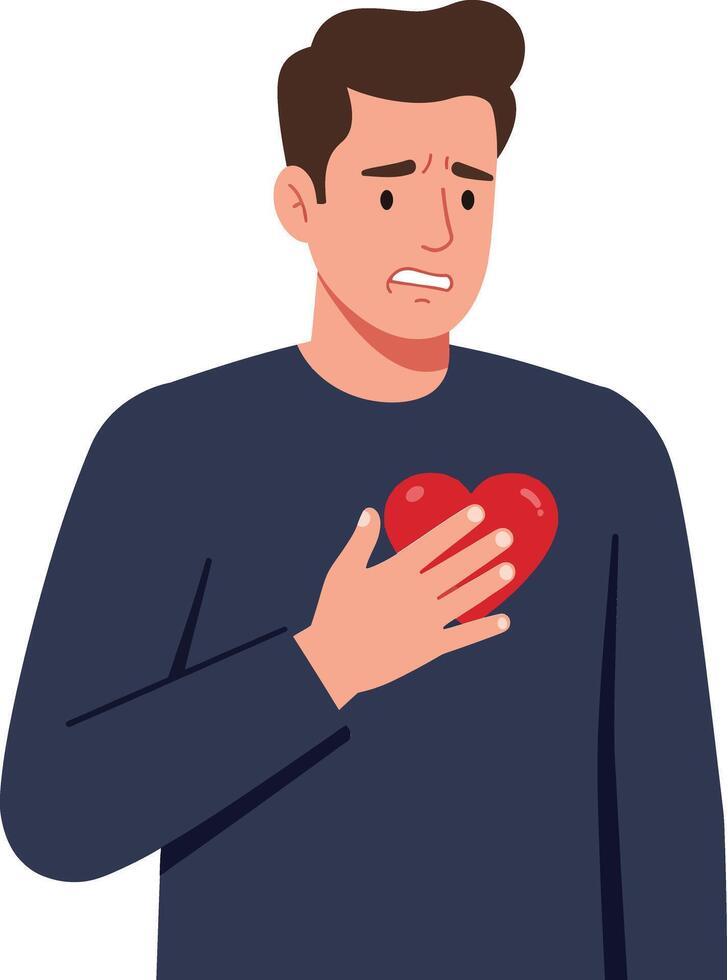 A worried man holding a red heart symbol on his chest, expressing concern and vulnerability in flat art vector