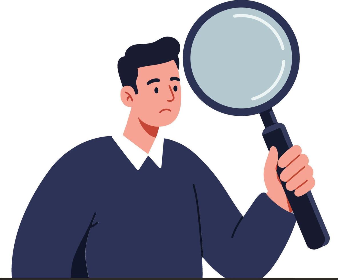 A man holding a magnifying glass while showing curiosity in a flat illustration featuring a clean and modern design style, ideal for educational content or research themes art vector