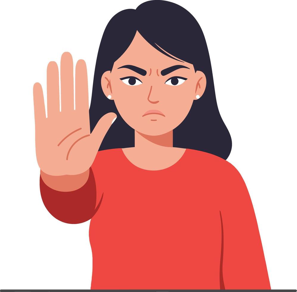 Young woman with a stern expression holding up her hand in a stop gesture, flat illustration conveying assertiveness and confidence in art vector