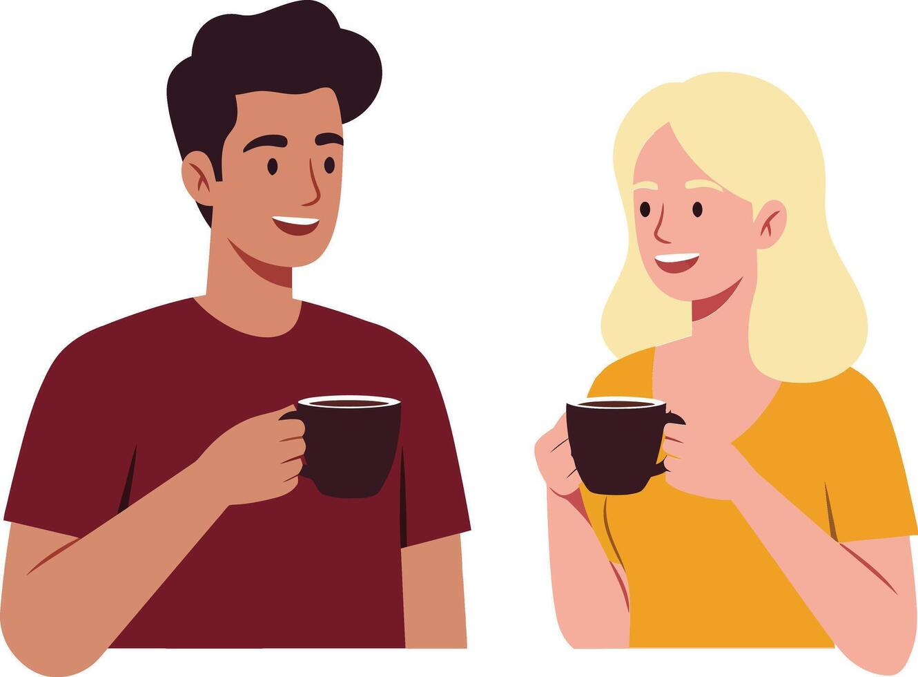 Two cheerful friends enjoying coffee together in a bright, minimal style illustration, showcasing warmth and connection in a casual setting vector