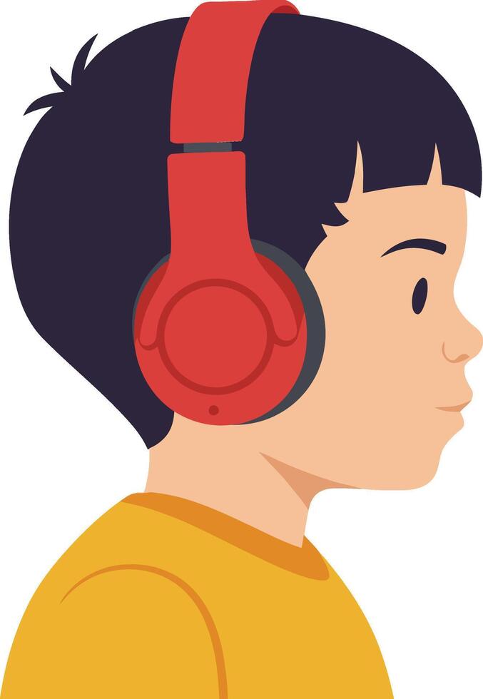 Young boy wearing red headphones in profile view, showcasing a playful and focused expression in a flat illustration vector