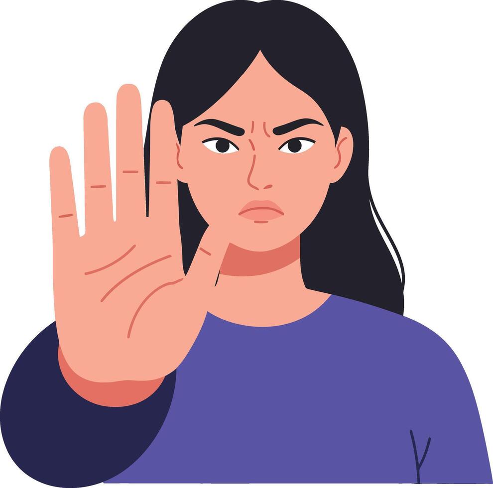 A determined young woman with long dark hair raising her hand in a stop gesture, illustrated in a flat and minimal style, art vector