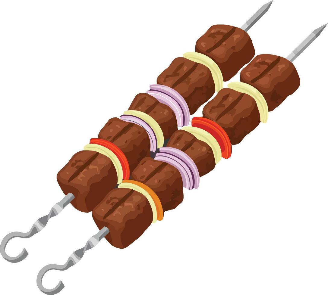 Grilled meat skewers with vibrant vegetable accents in a flat design style showcasing delicious barbecue art vector