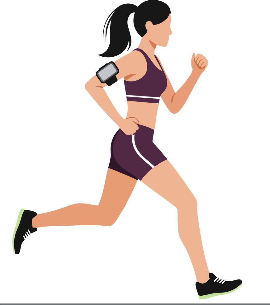 Young woman in athletic wear running energetically on a path with a confident expression in a flat illustration vector