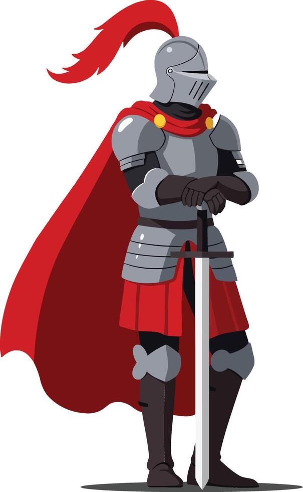 Knight in shining armor wearing a red cape and holding a sword in a flat design art vector