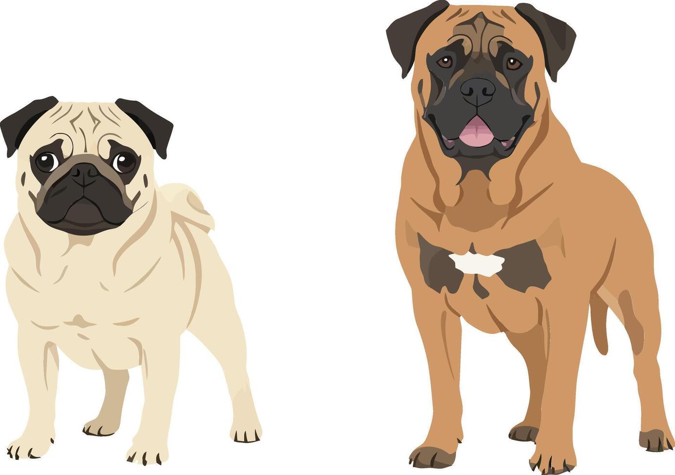 Two adorable dogs standing side by side in a flat, colorful design showcasing their distinct features in art vector