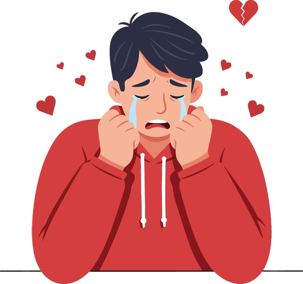 A young man in a red hoodie expressing sadness and heartbreak surrounded by floating heart icons in minimal art vector