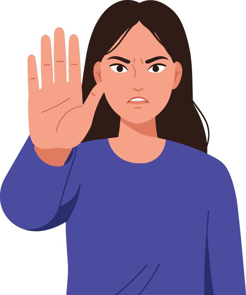 Assertive young woman with hand raised in a stopping gesture, flat design style, conveying determination and confidence in illustration vector