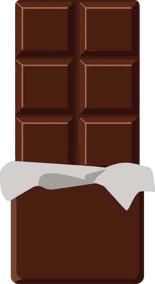 Dark chocolate bar partially wrapped in silver foil, featuring a flat design style in art vector