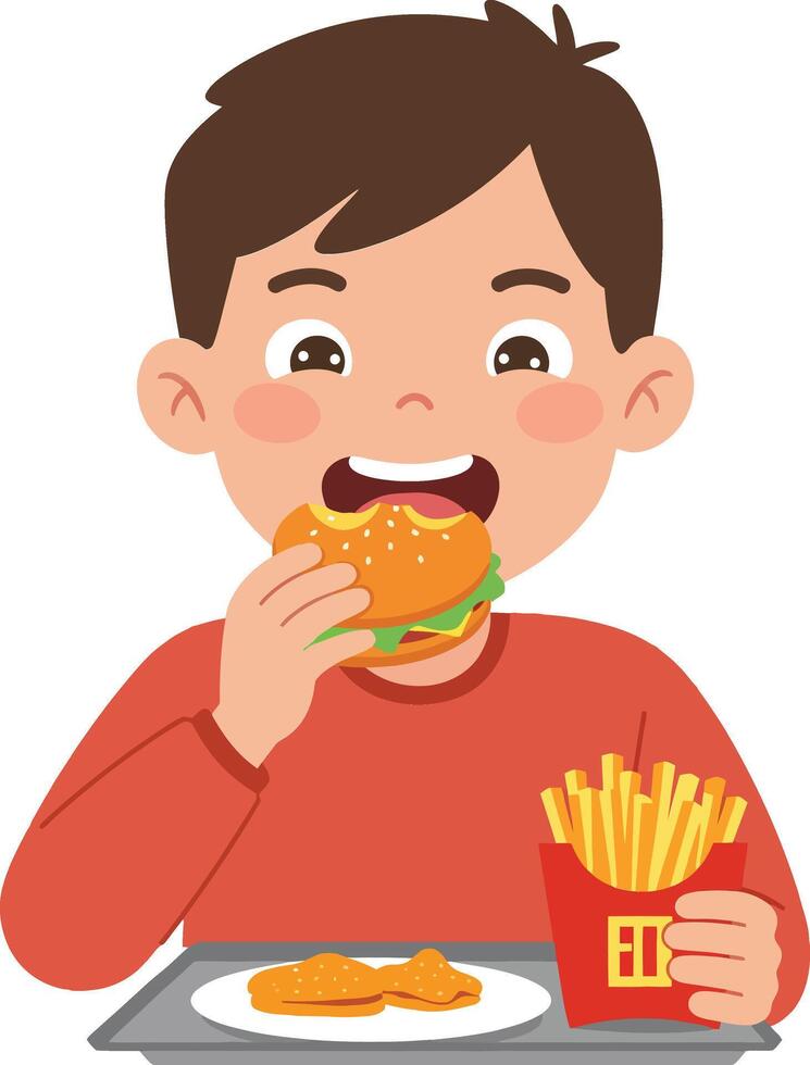 A cheerful young boy enjoying a delicious hamburger with crispy fries and chicken nuggets in a flat illustration vector